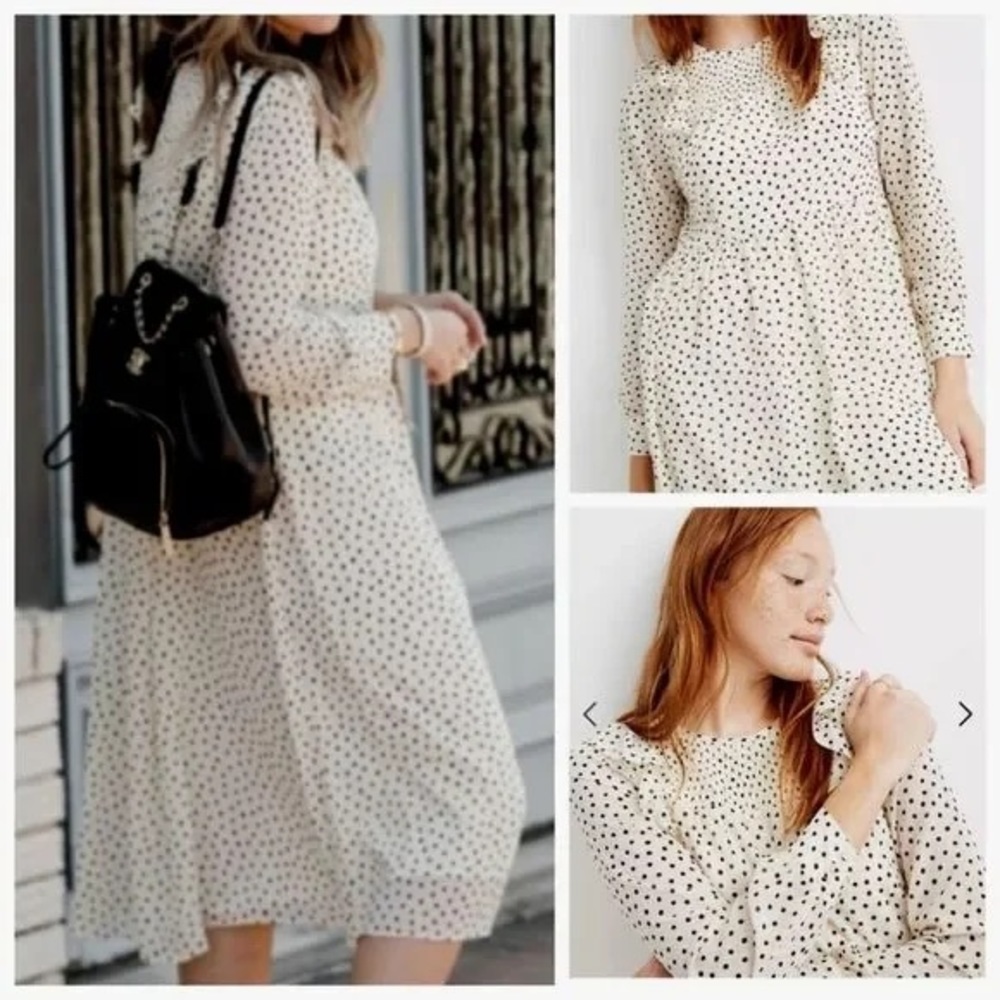 Madewell Smocked Ruffle Shoulder Midi Dress Dots Inkbrush M